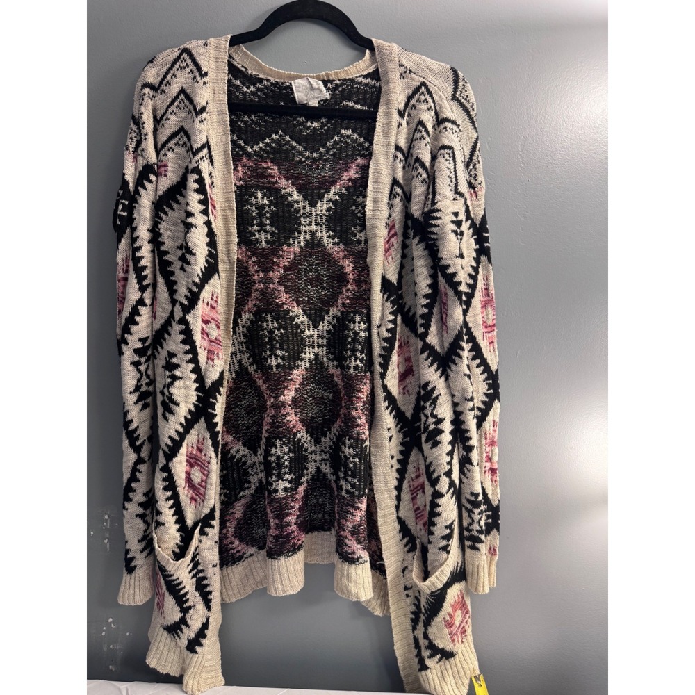 Pink Rose Southwestern Geometric Open Front Cardigan Sweater Small‎ Black Cream